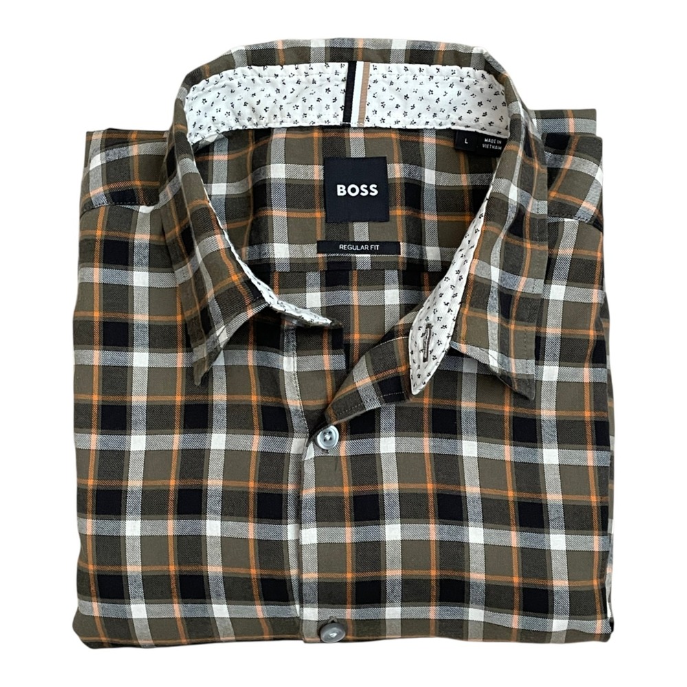 Hugo Boss Shirt Large Mens L/ S Plaid Button Down Shirt Flip Cuff Regular Fit